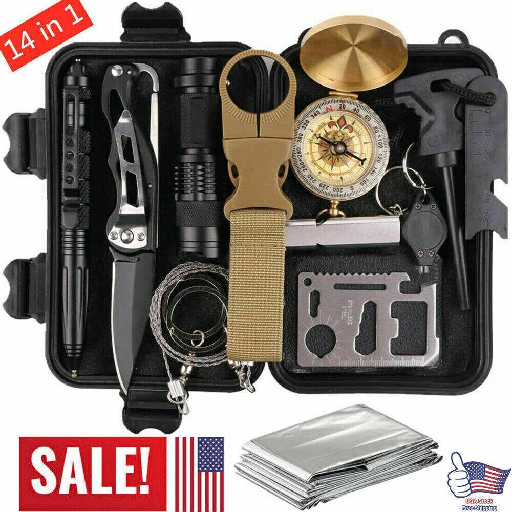 14 in 1 Emergency Survival Gear Kit for Outdoor Adventure, Hiking, Disaster relief