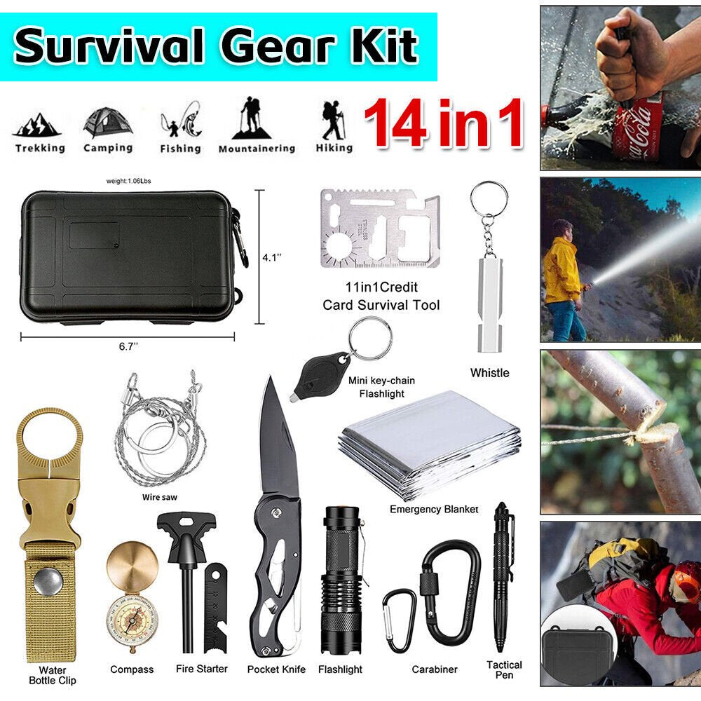 14 in 1 Emergency Survival Gear Kit for Outdoor Adventure, Hiking, Disaster relief